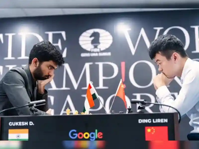 D Gukesh in action against Ding Liren at the World Chess Championship