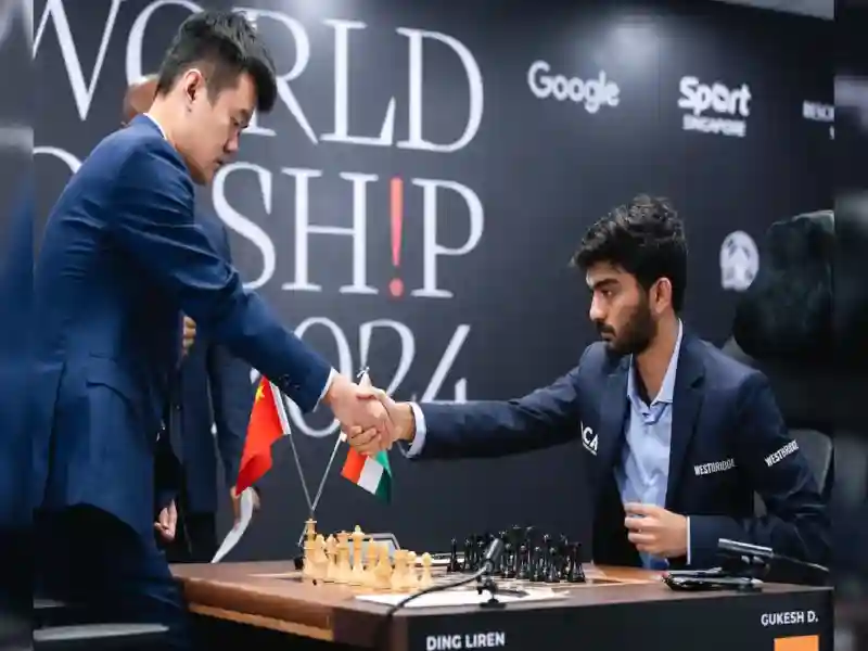 Ding Liren (left) and Gukesh D during World Chess Championship 2024.