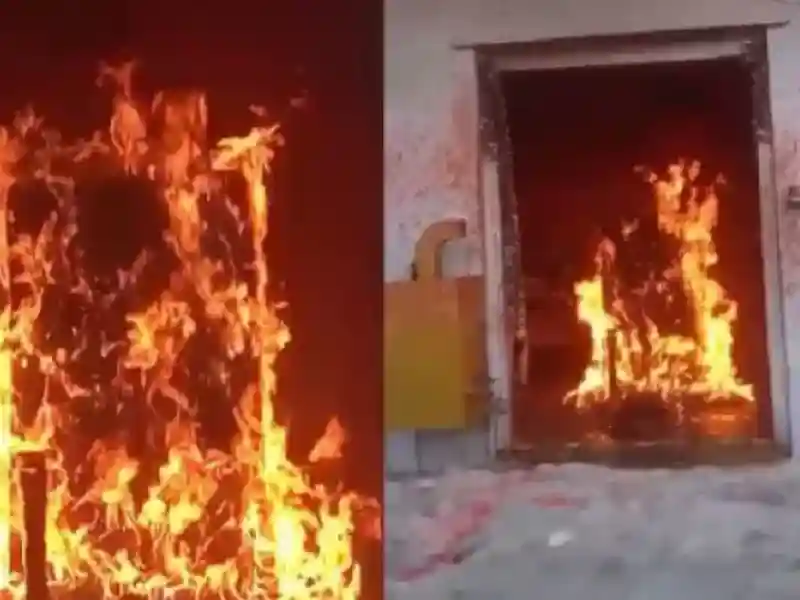 Fire starting at Hanumanji statue spread, engulfing entire statue. Hanuman statue located in Amareshwar temple complex in village.