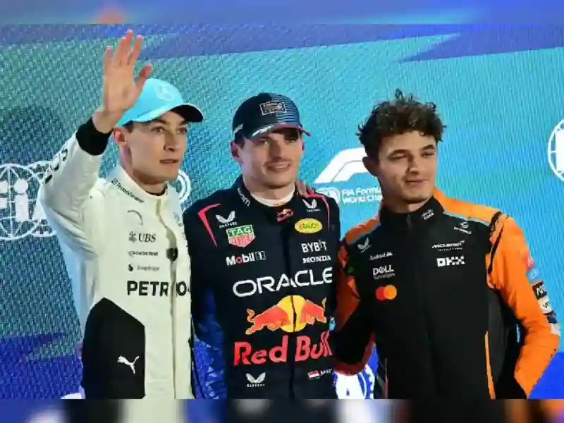 George Russell (L), Max Verstappen (C), and Lando Norris (R)