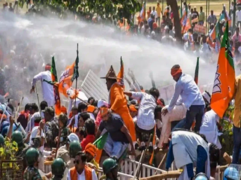 Security personnel use water cannons to disperse a gathering of Bharatiya Janata Yuva Morcha (BJYM) workers during ‘Yuva Aakrosh Rally’, held in Ranchi on Friday.