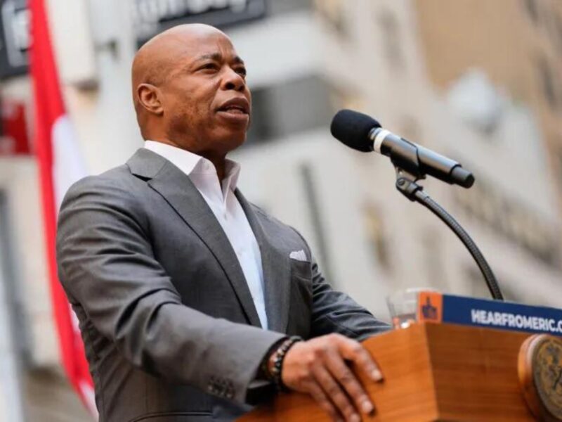 New York City Mayor Eric Adams speaks during a Swiss National Day flag raising ceremony at Bowling Green on August 1, 2024, in New York