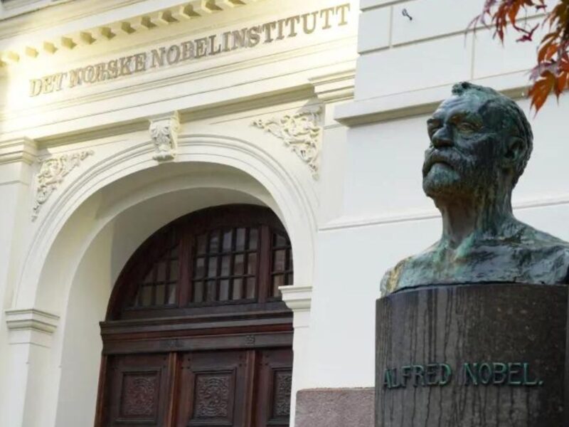 A bust of Alfred Nobel sits outside the Norwegian Nobel Institute, where the laureate of the Nobel Peace Prize is announced, in Oslo, Norway