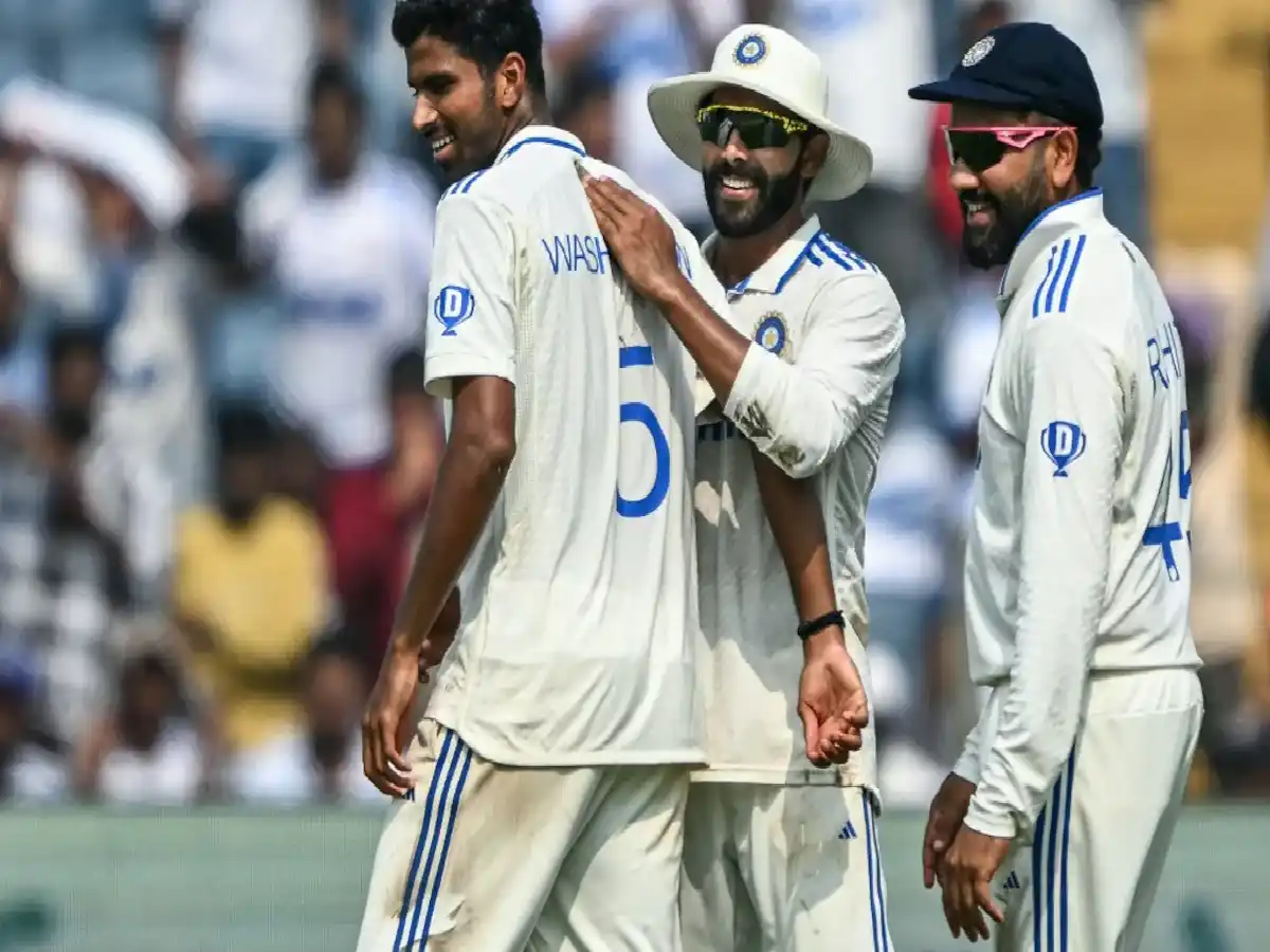 (L To R) Washington Sundar, Ravindra Jadeja And Rohit Sharma