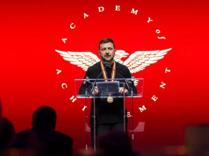 President Volodymyr Zelenskyy gives a speech as he receives the annual award of American Academy of Achievement (Golden Plate Award) in New York