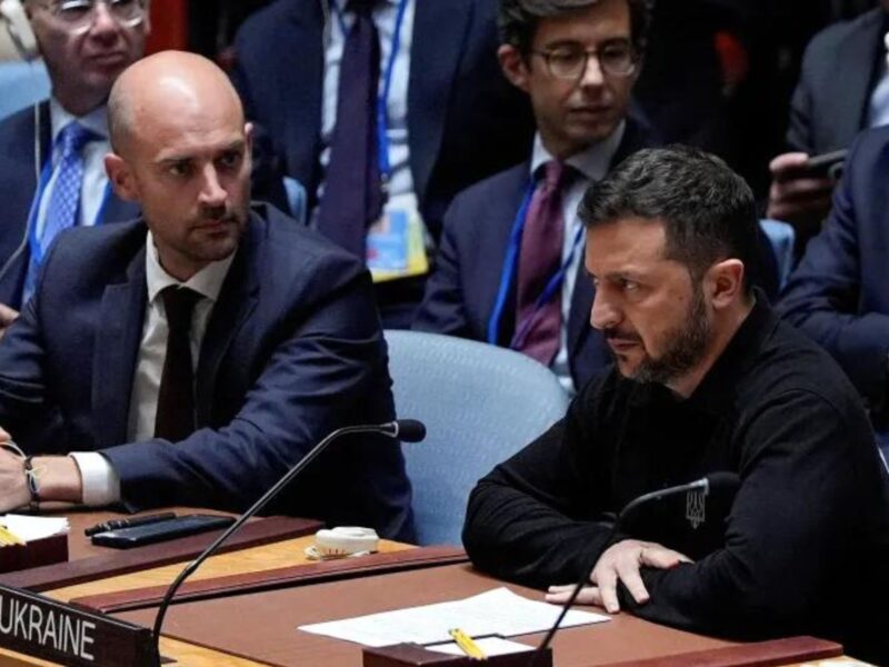 Ukrainian President Volodymyr Zelenskyy speaking during the UN Security Council meeting