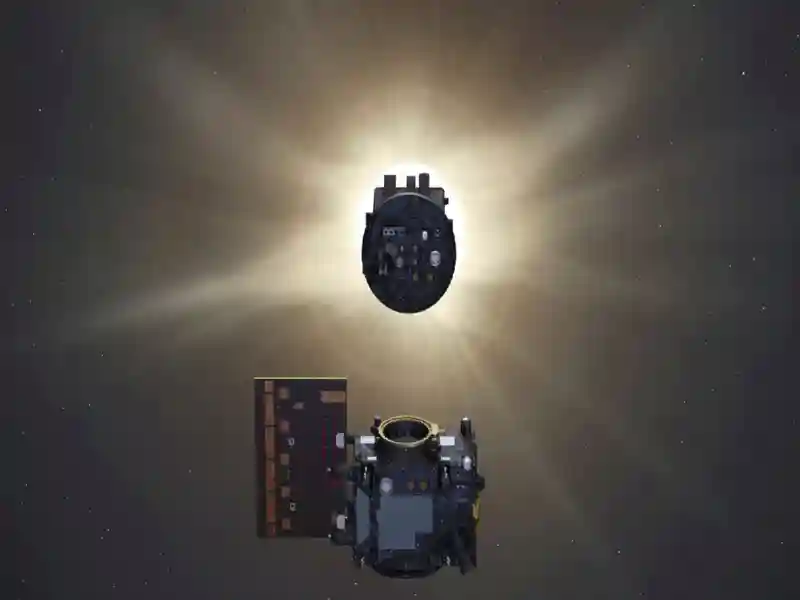 An artist impression of Proba-3's occulter eclipsing Sun for coronagraph spacecraft.