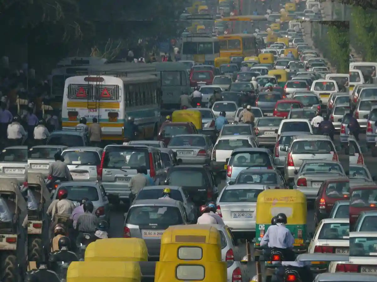 Vehicles Stuck In A Traffic Jam In New Delhi.